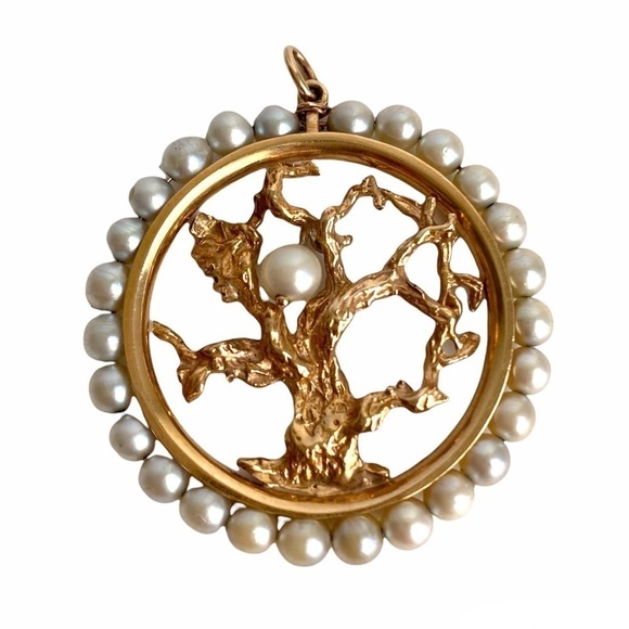 Vintage 60s 14K Gold Pearl Tree Of Life Pendant Charm - Picture 1 of 9